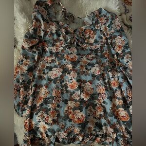 Floral Tie-Neck Midi Dress in Dusty Blue and Peach